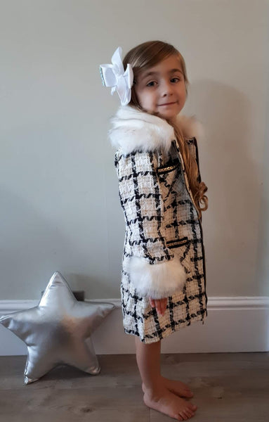 Girl's Faux Fur trim Chequed jacket, Hat and Dress
