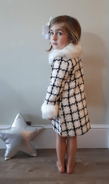 Girl's Faux Fur trim Chequed jacket, Hat and Dress