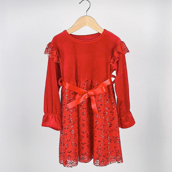 Girl's Red Velvet Sequin Long Sleeve Dress