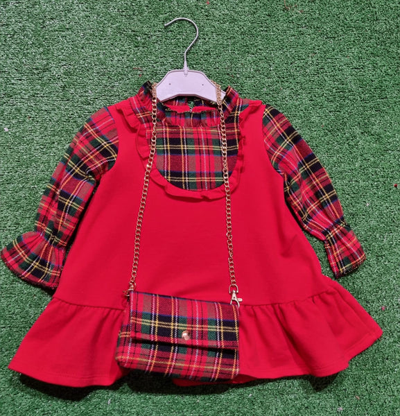 Girl's Red Dress with Tartan long sleeves & Bag Set