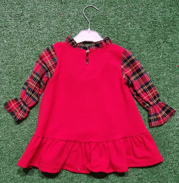 Girl's Red Dress with Tartan long sleeves & Bag Set