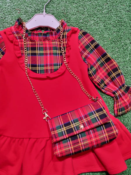 Girl's Red Dress with Tartan long sleeves & Bag Set