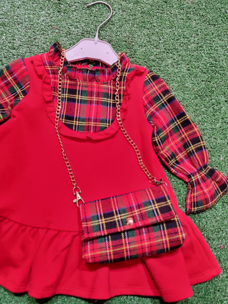 Girl's Red Dress with Tartan long sleeves & Bag Set