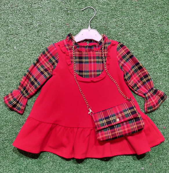 Girl's Red Dress with Tartan long sleeves & Bag Set