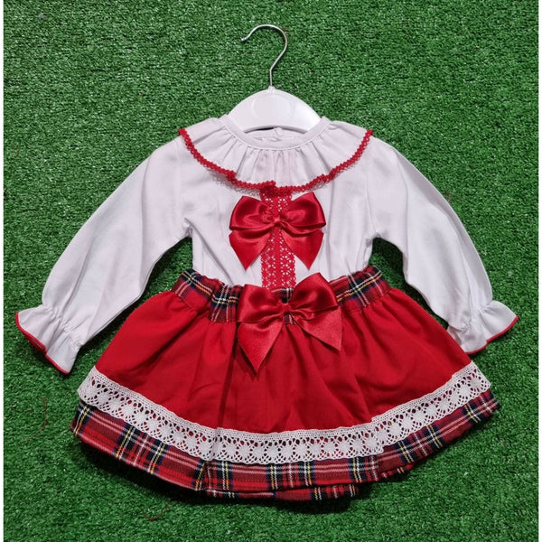 Baby Girl's ruffle shirt with red bow and trim. Red and  tartan skirt Set