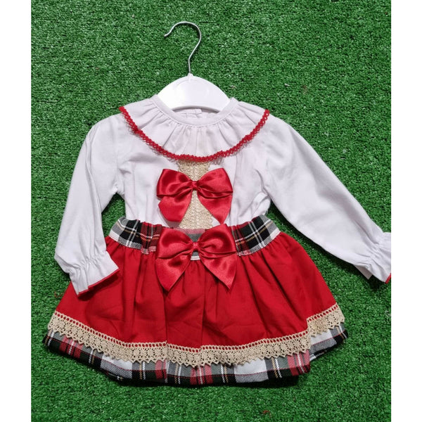 Baby Girls ruffle shirt with red bow, gold trim &  red & Tartan skirt 2 piece set
