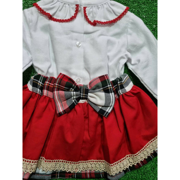 Baby Girls ruffle shirt with red bow, gold trim &  red & Tartan skirt 2 piece set