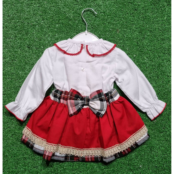 Baby Girls ruffle shirt with red bow, gold trim &  red & Tartan skirt 2 piece set