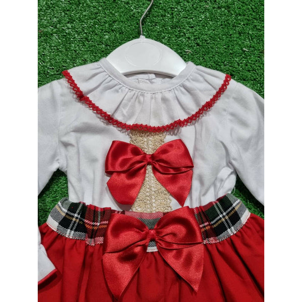 Baby Girls ruffle shirt with red bow, gold trim &  red & Tartan skirt 2 piece set