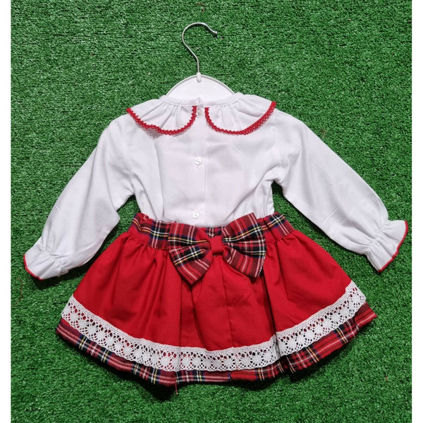 Baby Girl's ruffle shirt with red bow and trim. Red and  tartan skirt Set