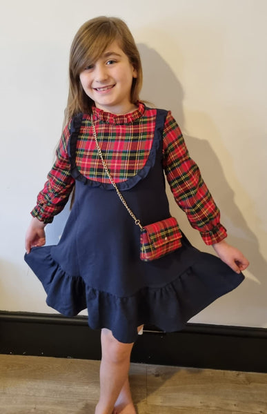 Navy Tartan Dress & Bag