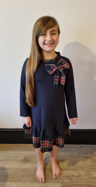 Navy Bow Navy Tartan trim Dress