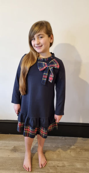 Navy Bow Navy Tartan trim Dress