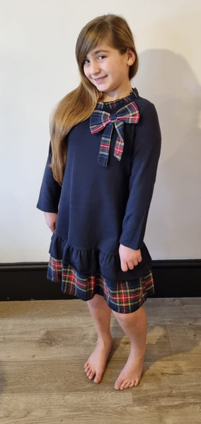 Navy Bow Navy Tartan trim Dress