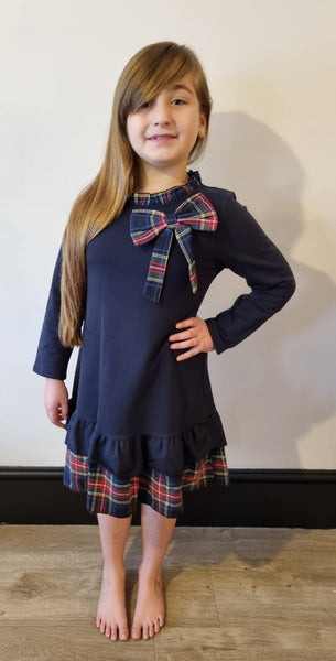 Navy Bow Navy Tartan trim Dress