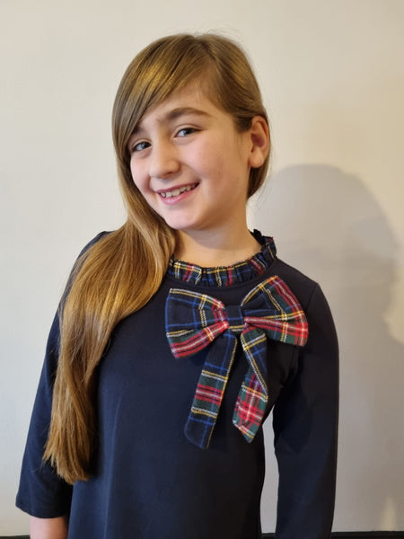 Navy Bow Navy Tartan trim Dress
