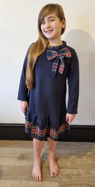 Navy Bow Navy Tartan trim Dress