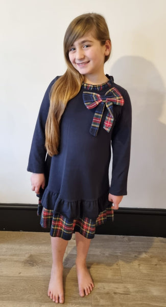 Navy Bow Navy Tartan trim Dress