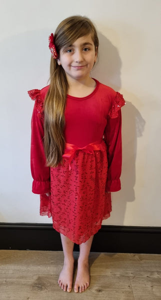 Girl's Red Velvet Sequin Long Sleeve Dress