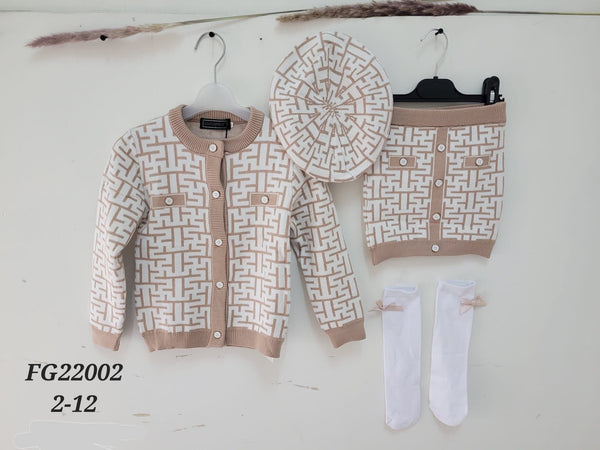 Girl's Camel Knitted Cardigan, Skirt, Socks & Hat Set