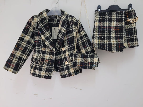 Girl's Biege & Black Check Sparkly Tweed 3 Piece skort, jacket & bag suit set