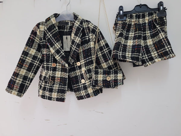 Girl's Biege & Black Check Sparkly Tweed 3 Piece skort, jacket & bag suit set