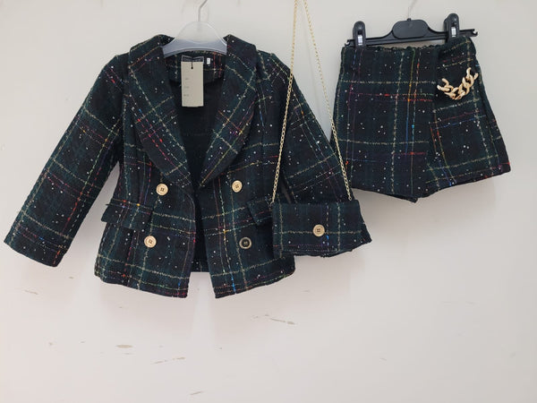 Girl's Emerald Green Check Tartan Tweed Jacket ,skorts & Bag Sparkly 3 Piece Suit