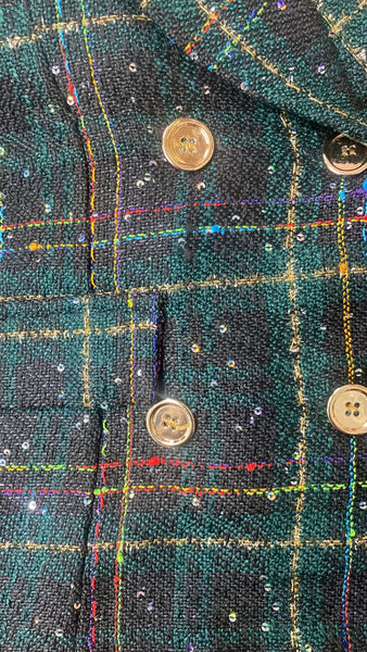 Girl's Emerald Green Check Tartan Tweed Jacket ,skorts & Bag Sparkly 3 Piece Suit