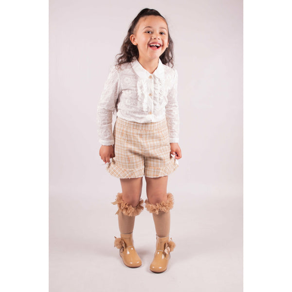 Girl's Camel Tweed Short & Blouse Set