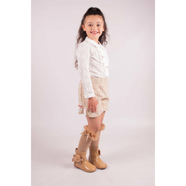 Girl's Camel Tweed Short & Blouse Set