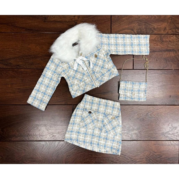 Girl's Baby Blue Faux Fur Check Jacket 3 Piece Set