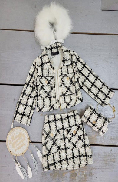 Baby Girl's Black & Cream Faux Fur Check Jacket 3 Piece Set