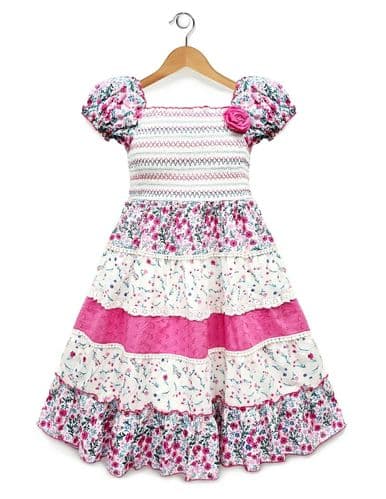 Domino Girl Bright Pink Floral Patchwork Smock Dress