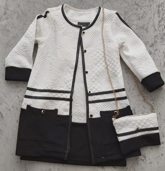 Girl's 3-piece White & Black jacket, Dress & Bag outfit
