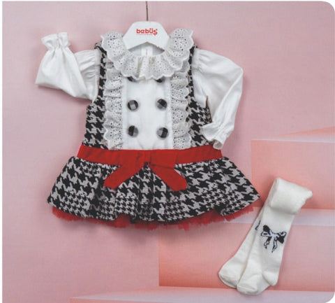 Baby Girls Houndstooth Black & White Spanish Bow Dress with Tights