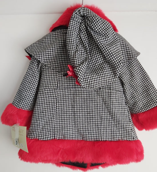 Girl's Houndstooth Coat with red faux fur & Hat
