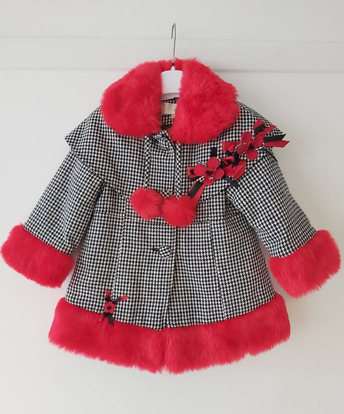 Girl's Houndstooth Coat with red faux fur & Hat