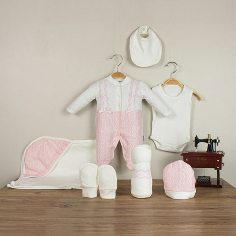 Baby Girls Seven Piece Pink & White Lace Bow Gift Set