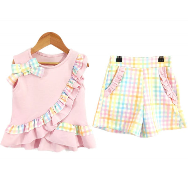 Girls pink multicoloured frilly vest and short set