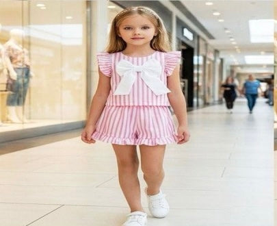 Girls pink stripe tshirt and top set with bow