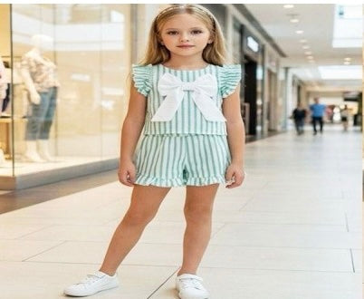 Girls mint stripe short and top set with bow