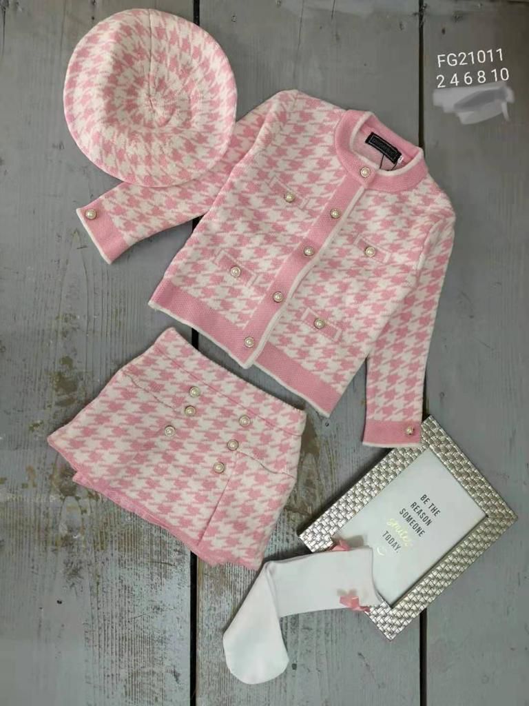 Girl's Pink & White Houndstooth Knitted 3 piece Set
