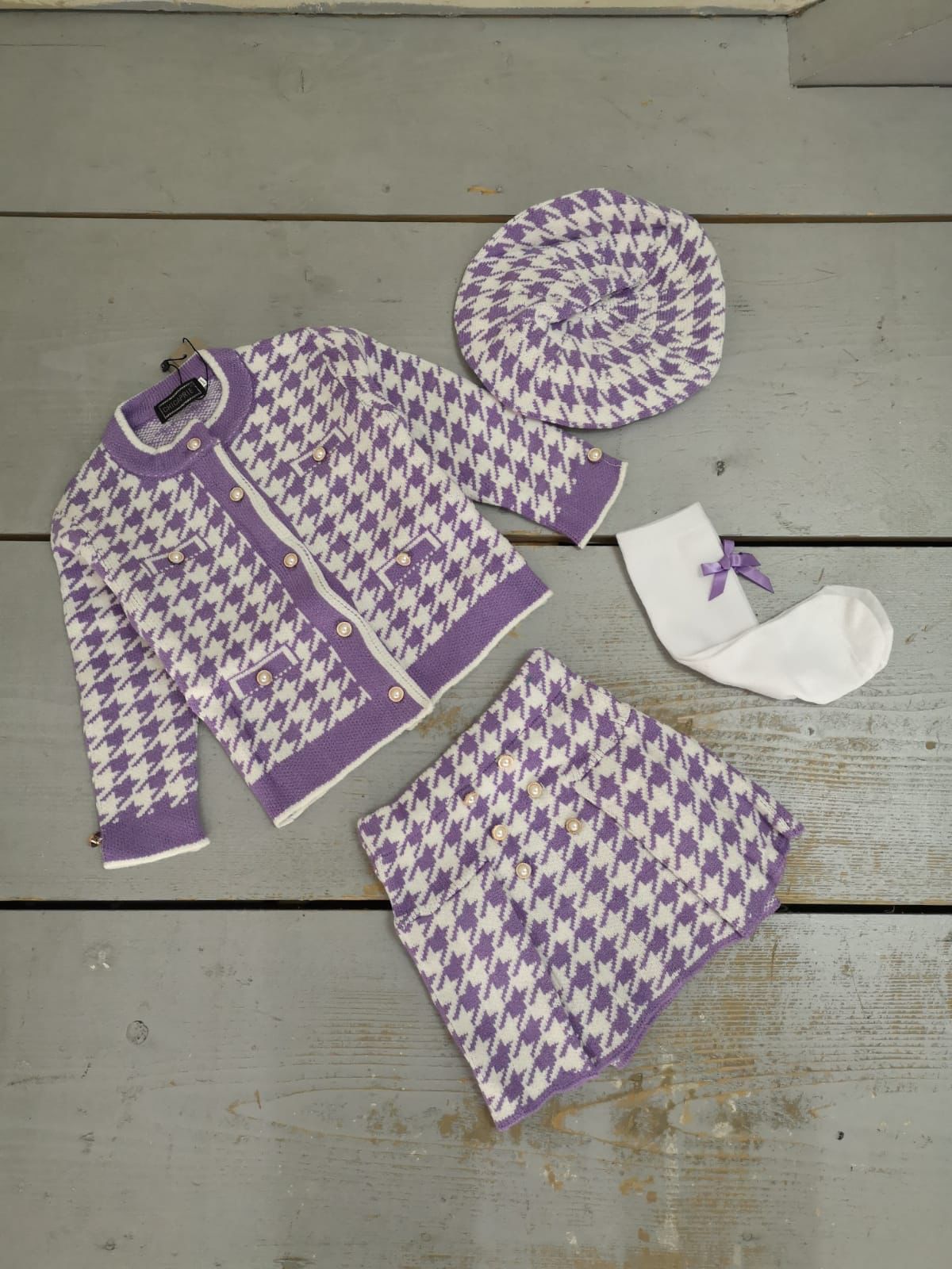 Girl's Lilac and White Houndstooth 4 piece Knitted Cardigan, Skirt, Hat & Socks Set