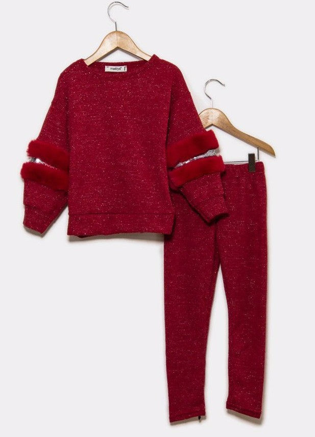 Girl's Red Glitter Knitted 2 piece set with faux fur & sequin trim