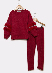 Girl's Red Glitter Knitted 2 piece set with faux fur & sequin trim