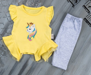 Baby Girl's Yellow Unicorn Top & 3/4 length leggings