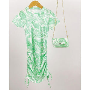 Girl's Rouched Green Marble Dress & Bag