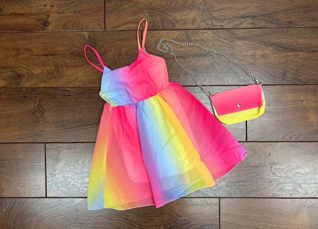 Girl's Pink Rainbow chiffon Dress & Bag