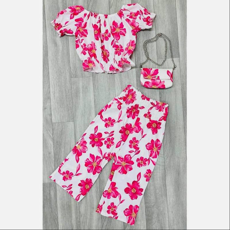 Girl's Pink Floral Top, Trousers and Bag Set