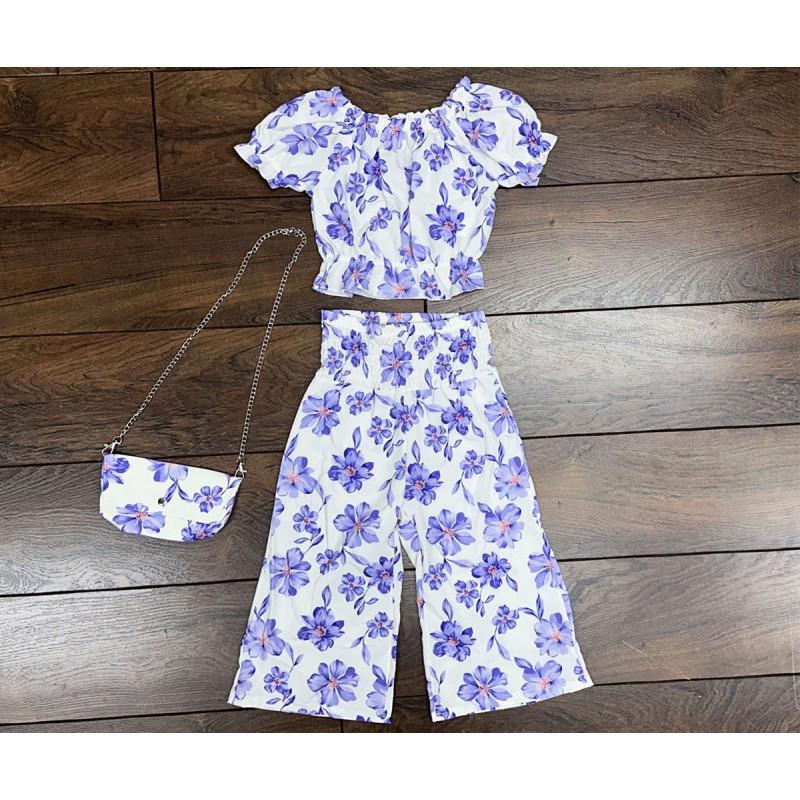 Girl's Lilac Floral Top, Trousers & Bag Set